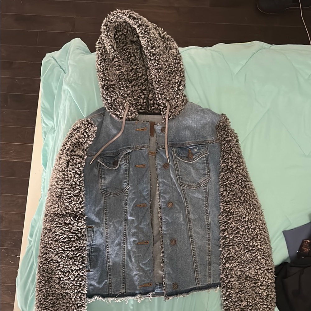 Denim Jacket with Faux Fur Sleeves